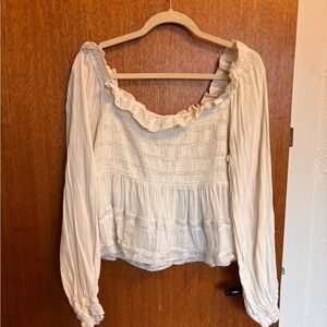 American Eagle Outfitters Cream Smocked Ruffle Peasant Top